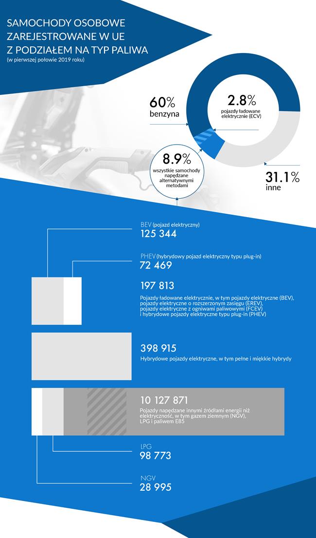 Samochody osobowe zarejestrowane w 2019 roku w Unii Europejskiej z podziałem na typ paliwa.