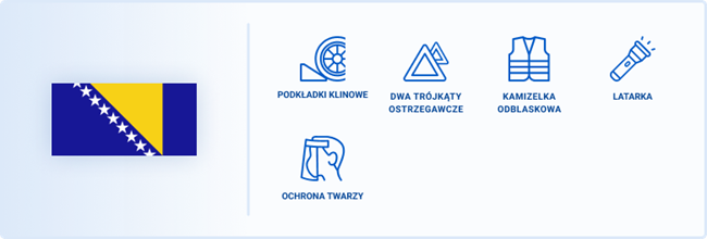 Obowiązkowym wyposażeniem w Bośni i Hercegowinie są podkładki klinowe, dwa trójkąty ostrzegawcze, kamizelka odblaskowa, latarka i ochrona twarzy