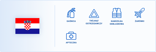 Obowiązkowym wyposażeniem w Chorwacji są gaśnica, trójkąt ostrzegawczy, kamizelka odblaskowa, żarówki i apteczka