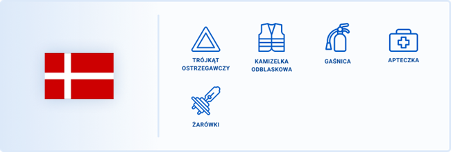 Obowiązkowym wyposażeniem w Danii są trójkąt ostrzegawczy, kamizelka odblaskowa, gaśnica, apteczka, żarówki