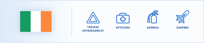 Obowiązkowym wyposażeniem w Irlandii są trójkąt ostrzegawczy, apteczka, gaśnica, żarówki