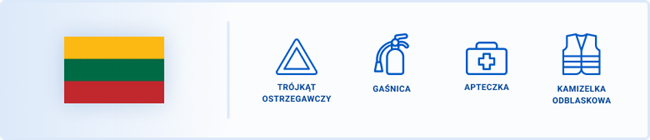 Obowiązkowym wyposażeniem na Litwie są trójkąt ostrzegawczy, gaśnica, apteczka, kamizelka odblaskowa