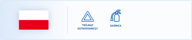 Obowiązkowym wyposażeniem w Polsce są trójkąt ostrzegawczy i gaśnica