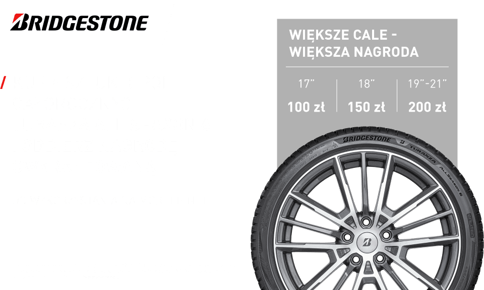 Kup komplet opon całorocznych Turanza All Season 6 marki Bridgestone, aby otrzymać e-kartę podarunkową nawet do 200zł. Wejdź na stronę i dowiedz się więcej o promocji!