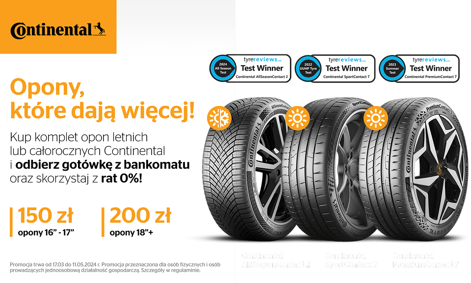 Kup komplet opon letnich lub całorocznych Continentali odbierz gotówkę z bankomatu! Wejdź na stronę i dowiedz się więcej o promocji!