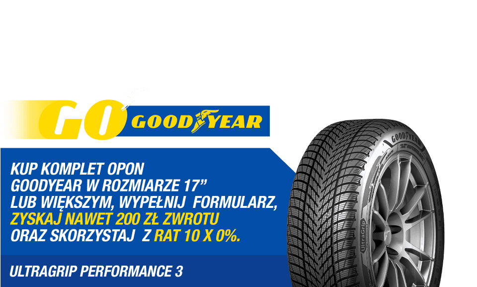 Kup komplet opon całorocznych lub letnich marki Goodyear, a następnie wypełnij formularz by otrzymać nawet 200zł! Wejdź na stronę i dowiedz się więcej o promocji!