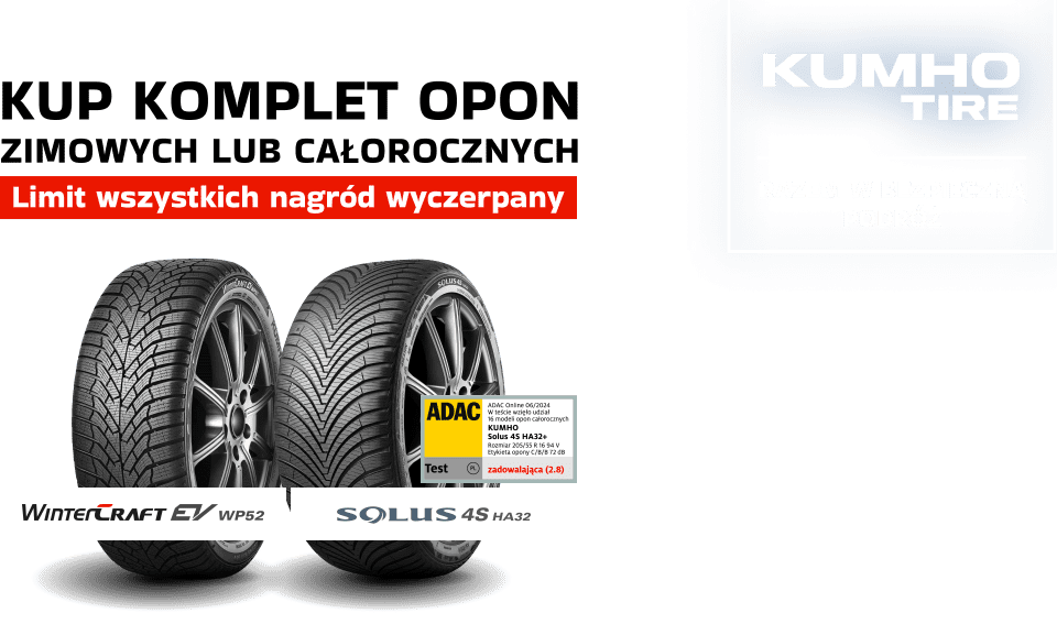 Kup komplet opon zimowych lub całorocznych marki Kumho, a otrzymasz e-kartę podarunkową o wartości nawet 100zł! Wejdź na stronę i dowiedz się więcej o promocji!