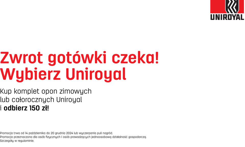 Kup komplet opon całorocznych lub zimowych marki Uniroyal i odbierz zwrot gotówki. Sprawdź szczegóły na stronie promocji!